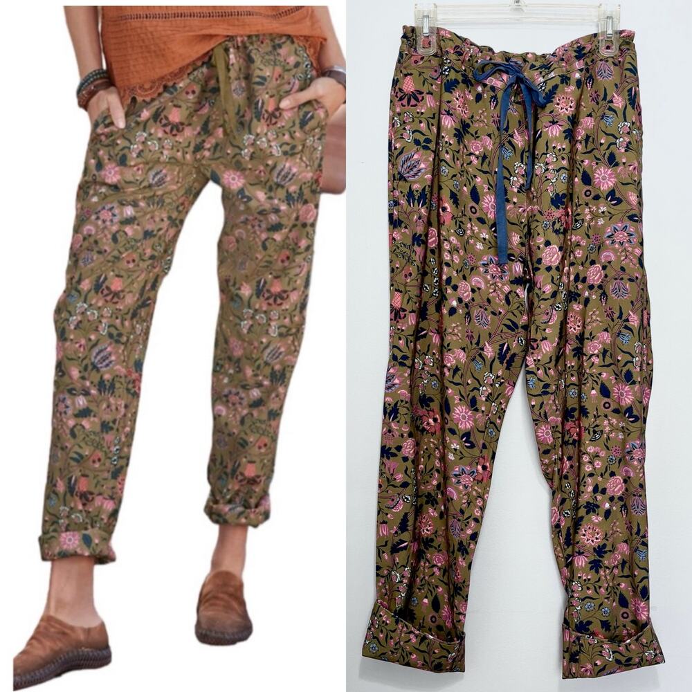 Sundance Olive Floral Print Drawstring Trousers with Pink & Navy Accents